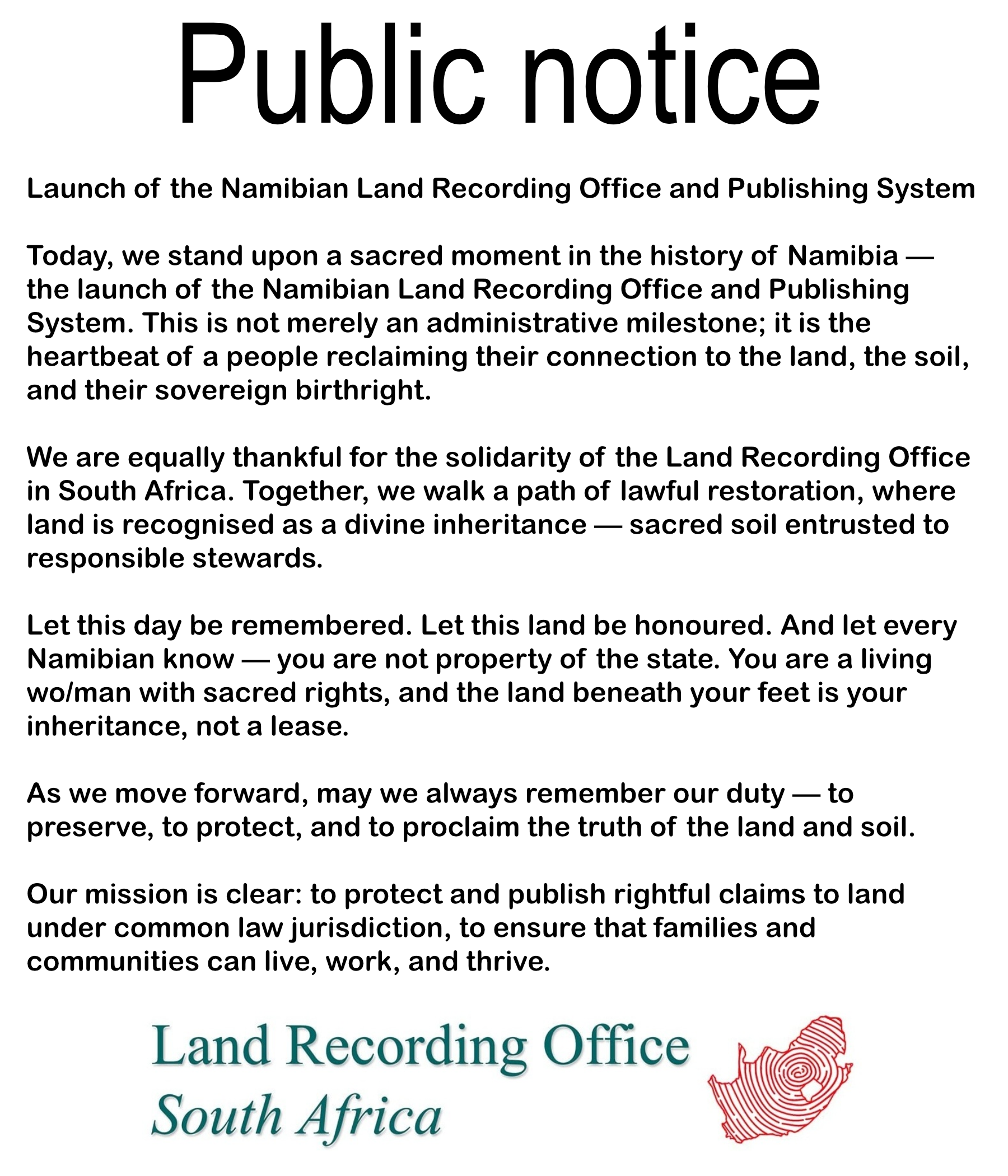 Public Notice Launch of the Namibian Land Recording Office and Publishing System